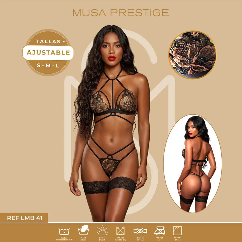 CONJUNTO LENCERIA NEGRO DORADO MUSA PRESTIGE